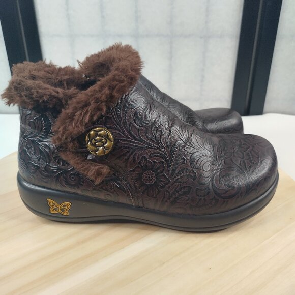 Alegria Meri Boots Tooled Leather & Faux Fur Brown Booties Women 37 / US 7 - Picture 1 of 12